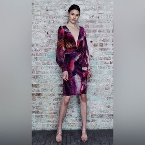 Flor Et.Al Lauper Rainbow Snake Print Long Puff Sleeve Belted Ruffle Mini Dress